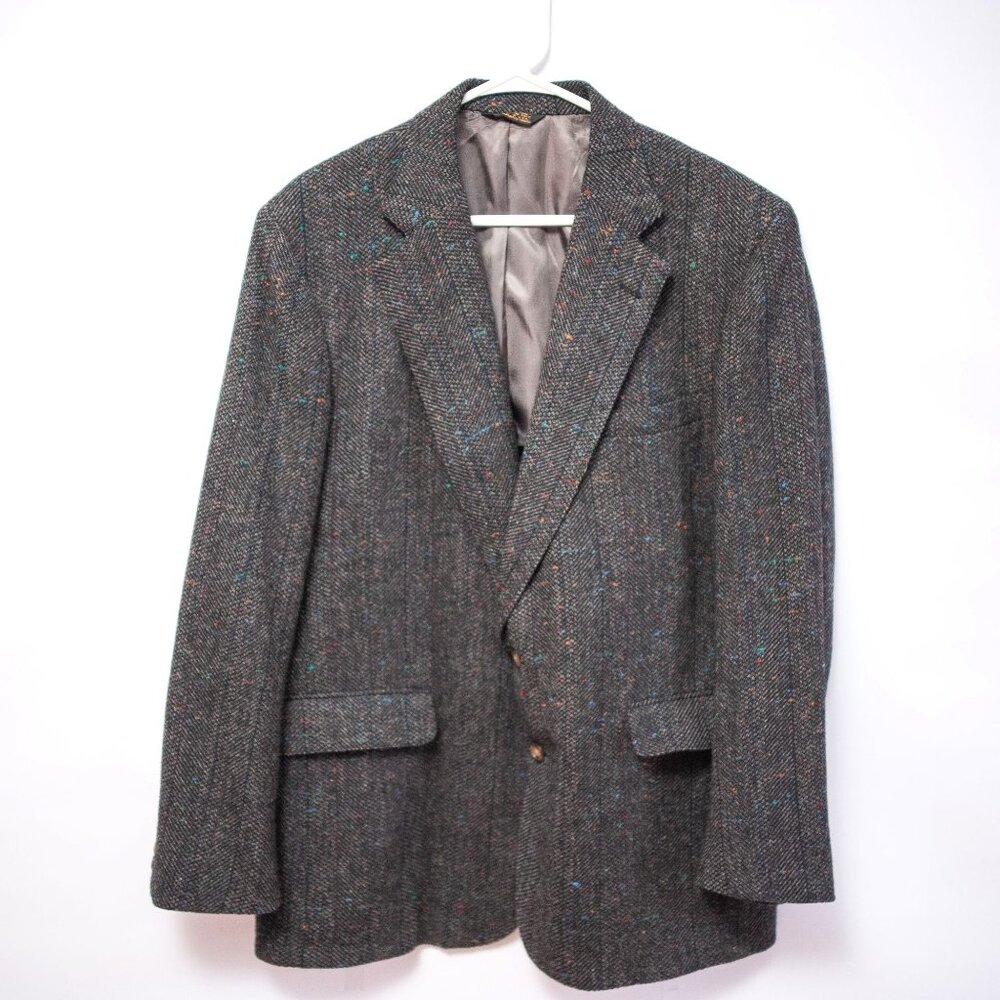 Vintage 70s 80s Donegal Tweed Herringbone Blazer Mens 46R Gray Color Flecked